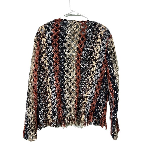 Vintage SANDY STARKMAN Open Jacket Lagenlook Boho Fringe Brown Red multicolor L - Picture 5 of 6